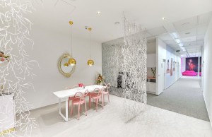 Posezení s židlemi v podobě růžových stuh oděluje paraván inspirovaný  mořskými řasami_foto Dermacol